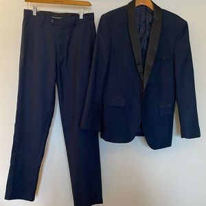 Worn once! Navy blue with black satin trim Mens slim fit suit